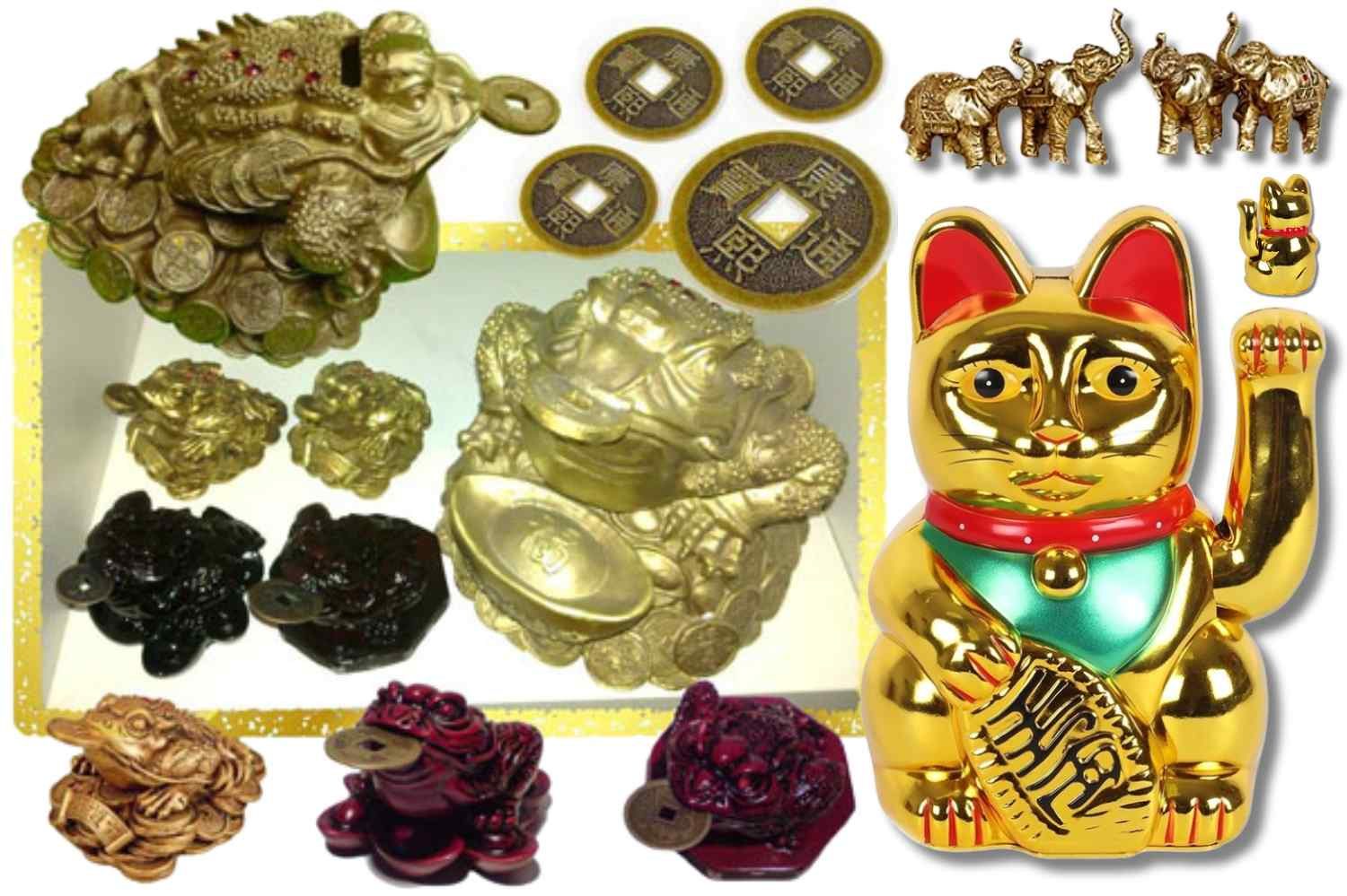 Samling av olika kraftdjur, lyckosymboler, inklusive kinesiska mynt och en Maneki-neko katt.